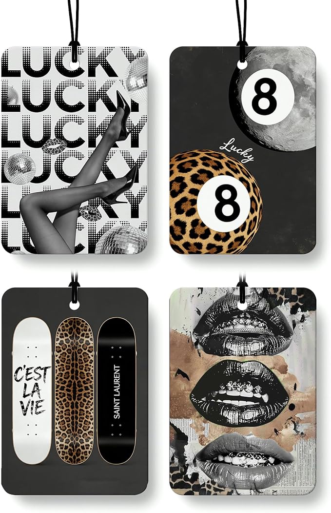 Trendy Leopard Print 8 Ball Orange Citrus Car Air Freshener 4pcs, Funky Cheetah Skateboard Lucky Disco Ball Sexy Lips Hanging Scents Car Accessories Interior Mirror Decor for Women Girls