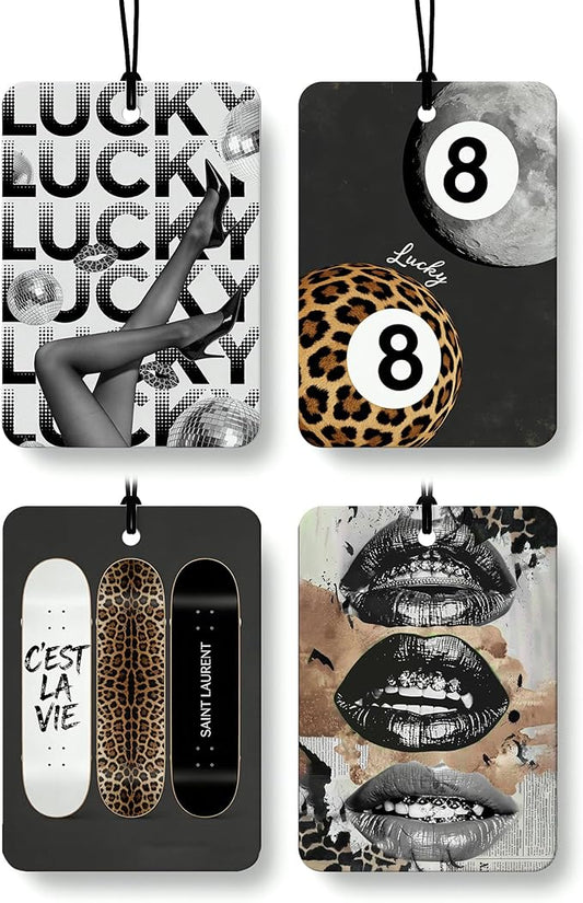 Trendy Leopard Print 8 Ball Orange Citrus Car Air Freshener 4pcs, Funky Cheetah Skateboard Lucky Disco Ball Sexy Lips Hanging Scents Car Accessories Interior Mirror Decor for Women Girls