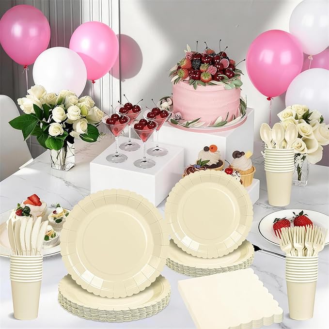 175 PCS Ivory Paper Plates and Napkins Tableware Set, Ivory Party Supplies for 25 Guests Include Scalloped Plate Paper Napkins Cups Knife Fork Spoon for Baby Shower, Birthday, Wedding