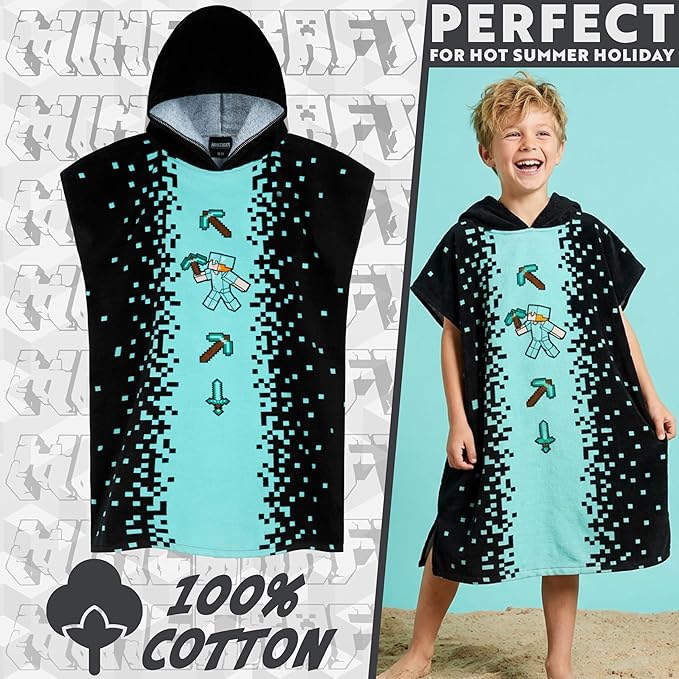 Minecraft Towelling Poncho Kids Teens Hooded Bath Towels Absorbent Beach Towel (Black/Blue, 6-9 Years)