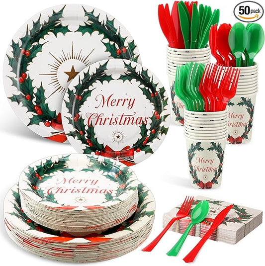 FillTouch 350 Pcs Merry Christmas Paper Plates and Napkins Set for 50 Guests Disposable Dinner Tableware Dinnerware Party Supplies Includes 100 Paper Plates 50 Cups Napkins Set Knives Forks Spoons