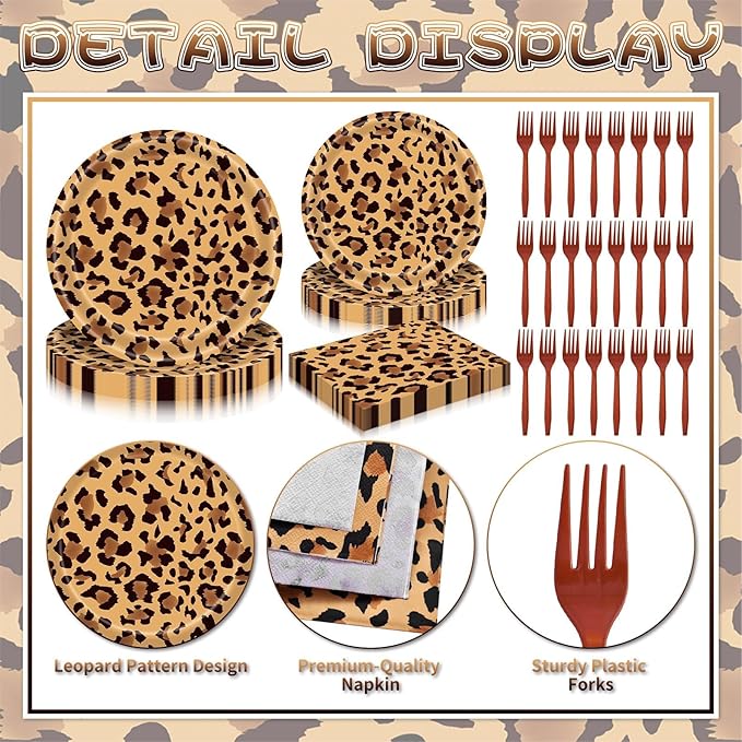 100 Pieces Leopard Print Party Tableware Set – Cheetah Animal Print Plates, Napkins and Forks, Disposable Dinnerware for Safari Jungle Birthday and Baby Shower Party Supplies