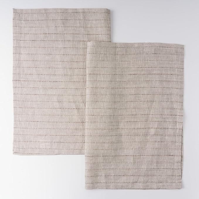 100% Pure Linen Kitchen Towels Set of 2 - French Stripe Design 18 x 24 Inch Dish Hand Towels - Handcrafted from Flax Linen Tea Towels- Linen