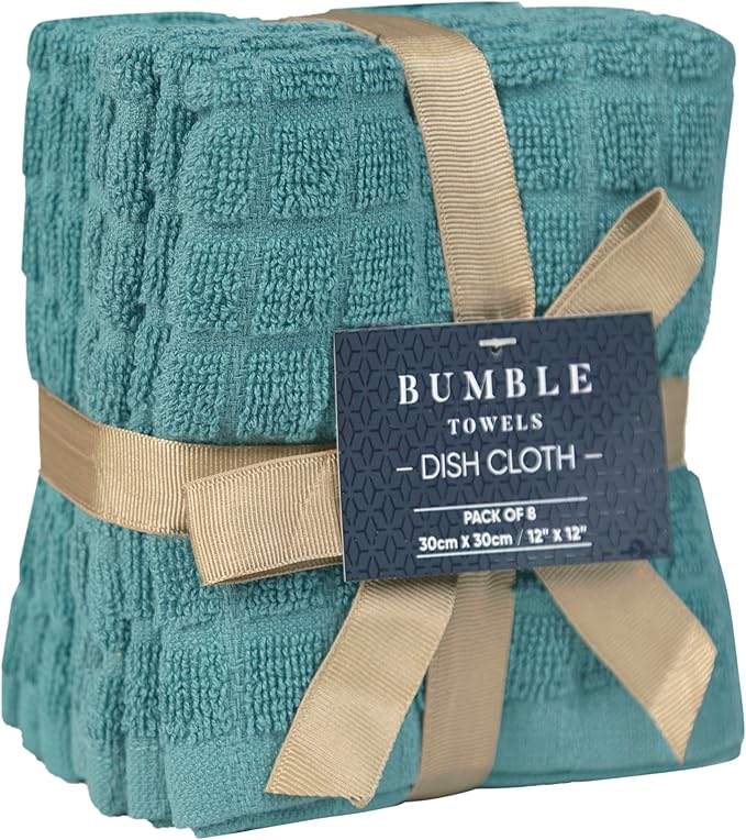 Bumble Dish Cloths (8 Pack) | 12" x 12" | 100% Cotton Kitchen Towels | 406 GSM | Soft, Highly Absorbent & Durable Dish Towels for Kitchen | Aqua