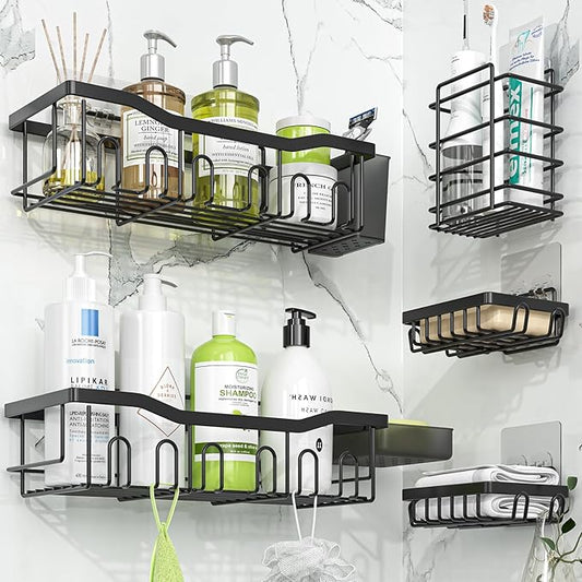 Simple Trending Adhesive Shower Caddy, 5-Pack Large Capacity Shower Shelves with Soap Dish Toothbrush Holder & Hooks, No Drilling Bathroom Organizer and Storage for Home Decor, Black