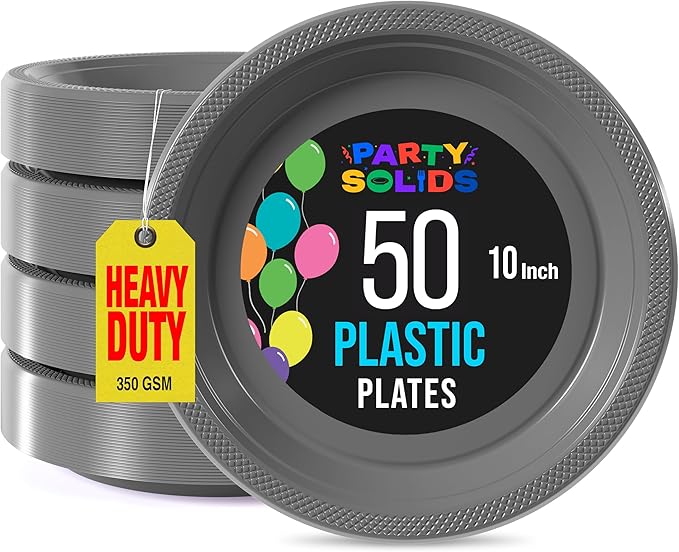 Exquisite Party Solids Silver Plastic Plates For Party Supplies 10" Silver Disposable Plates Heavy Duty 50 Pcs Plastic Dinnerware Sets Heavy Duty 350 GSM Disposable Dinnerware Set