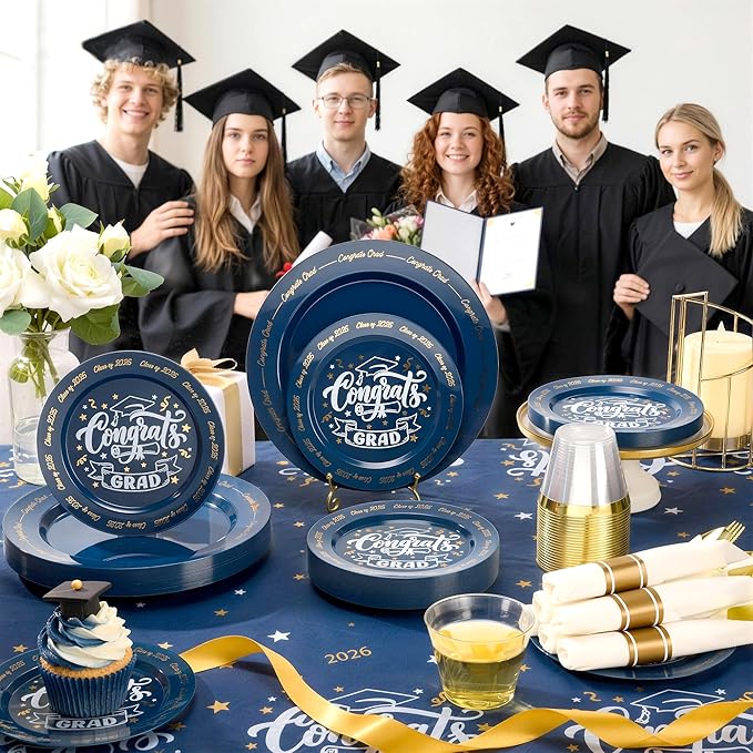 Goodluck 350 Piece Graduation Navy Blue Plastic Dinnerware Set for 50 Guests, Congrats Grad Disposable Plates Include: 50 Dinner Plates, 50 Dessert Plates, 50 Cups, 50 Rolled Napkins with Silverware