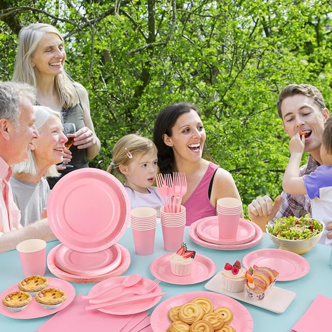 168PCS Light Pink Paper Plates and Napkins,Pink Disposable Plates Set with Utensils Serve 24 Guests for Baby Shower Graduation Valentines Day Party Decorations Party Supplies