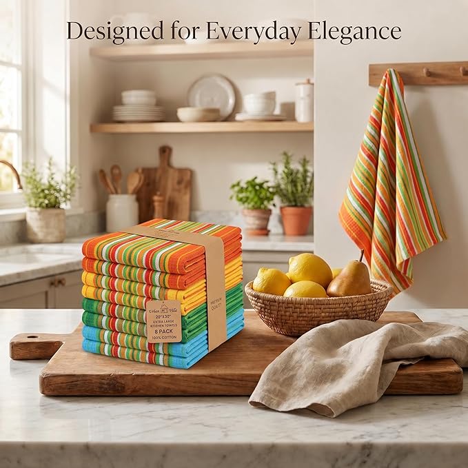 Urban Villa Kitchen Towels 100% Cotton Dish Towels for Kitchen(Set of 8)20”x30” Dish Cloths Highly Absorbent Kitchen Linen Set with Hanging Loop Perfect for Drying Dishes Cleaning Towels -Multi Color