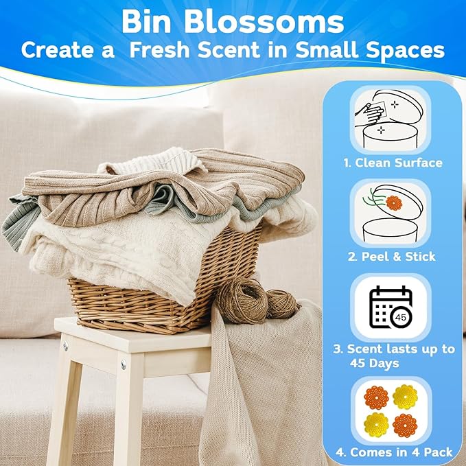 Bin Blossoms: New & Improved Peel & Stick Air Freshener (4-Pack) – Citrus Fresh Trash Can Deodorizer, Diaper Pail Odor Neutralizer, Garbage Bin Odor Control for Lid or Base