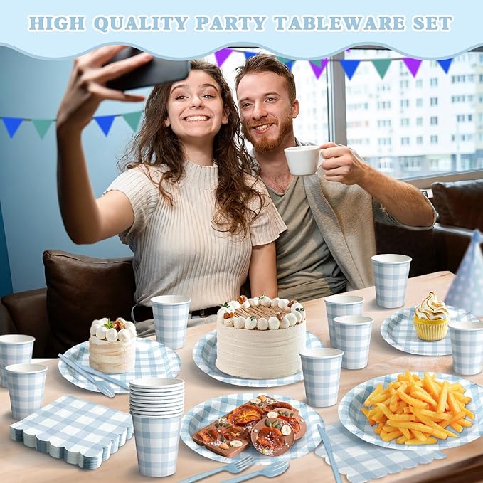 Vyntra 350 Pcs Blue Gingham Paper Plates and Napkins Set for 50, 9" Dinner Plates & 7" Dessert Plate, Baby Boy Shower Birthday Party