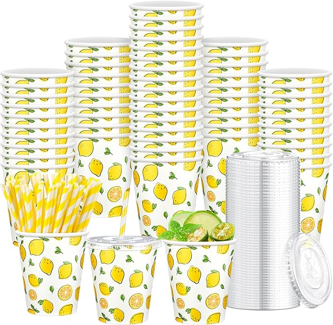 150 Pieces/50 Sets Lemonade Cups with Lids and Paper Straws 9oz Disposable Iced Coffee Paper Cup Summer Citrus Cold Cups for Lemonade Stand Supplies Fruit Party Beverages Drinks Juices