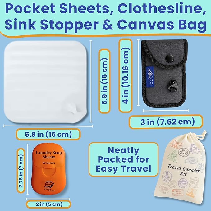 Travel Laundry Detergent Sheets Kit – Laundry Detergent Sheets 50-Count + Lightweight Travel Clothesline & Universal Sink Stopper with Canvas Bag and Frosted Zip Pouch for Hotels, Cruises & Trips