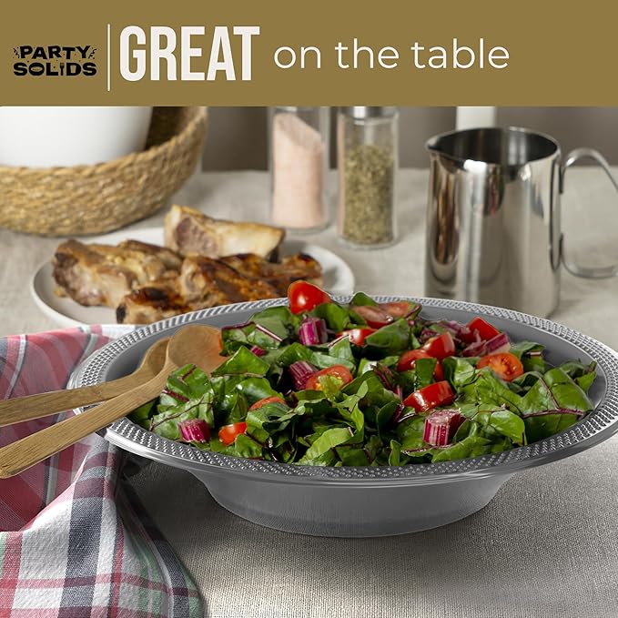 Party Solids 12 Oz Silver Plastic Bowls Disposable Bowls for Hot Food Soup 50 Pcs - For Soup, Salad, Cereal, Desserts & Party Supplies