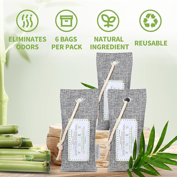 CLEVAST Activated Bamboo Charcoal Odor Absorber - 6 x 60g Air Purifying Bags Natural Fresh, Deodorizer and Moisture Eliminator for Home, Closet, Shoes, Car Air freshener, Grey