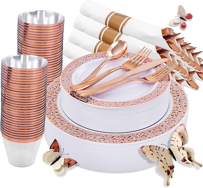 WELLIFE 350 PCS Rose Gold Disposable Dinnerware Set for 50 Guests, Disposable Rose Gold Lace Plates, Include:50 Dinner Plate, 50 Dessert Plates, 50 Pre Rolled Napkins with Silverware and 50 Cups