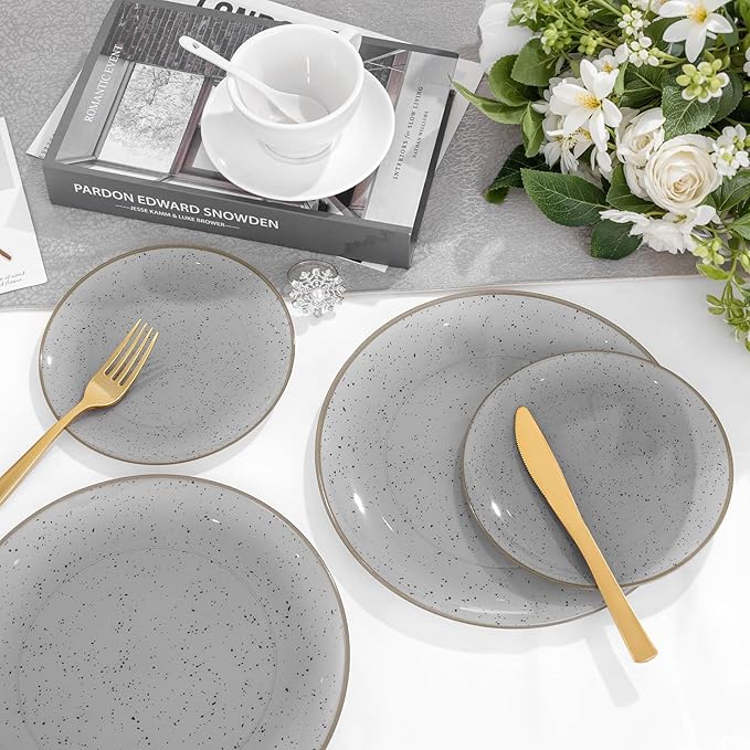 Liacere 32PCS Grey Plastic Plates - Grey Stone Plastic Disposable Tableware Plates Modern Dinnerware Set - Wedding & Warm Winter & Party
