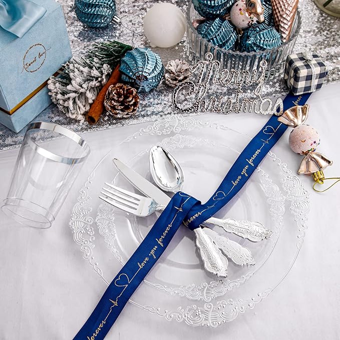 Morejoy 350PCS Clear Silver Plastic Plates - Silver Disposable Plates sets Include 50 Dinner Plates,50 Salad Plates,50 Forks,50 Knives, 50 Spoons，50 Cups, 50 Rolled Napkins for Wedding & Christmas