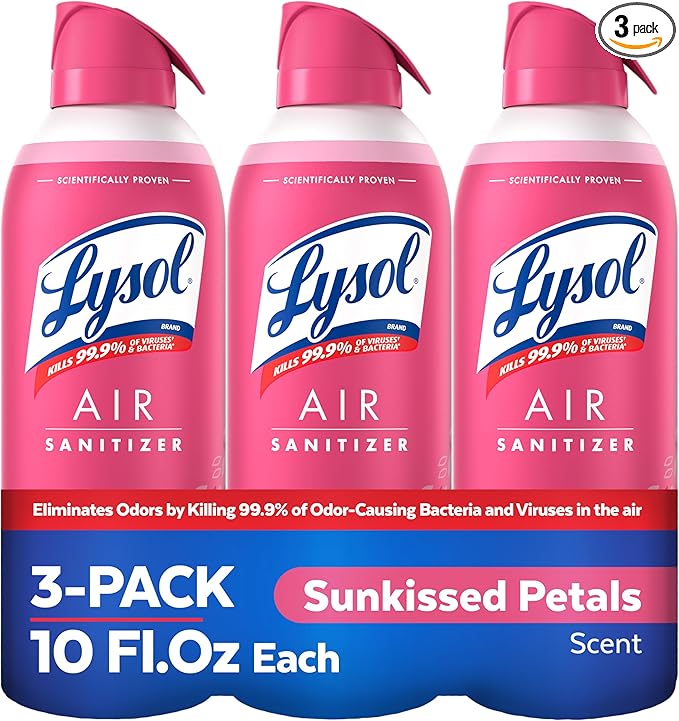 Lysol Air Sanitizer Spray with Bacterial Odor Eliminator for Home & Office, Sanitizing Air Spray, Air Freshener Alternative, Sunkissed Petals Scent, 10 oz (Pack of 3)