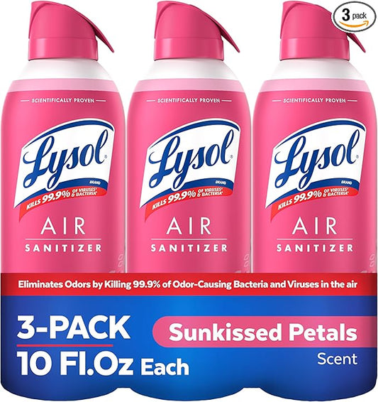 Lysol Air Sanitizer Spray with Bacterial Odor Eliminator for Home & Office, Sanitizing Air Spray, Air Freshener Alternative, Sunkissed Petals Scent, 10 oz (Pack of 3)