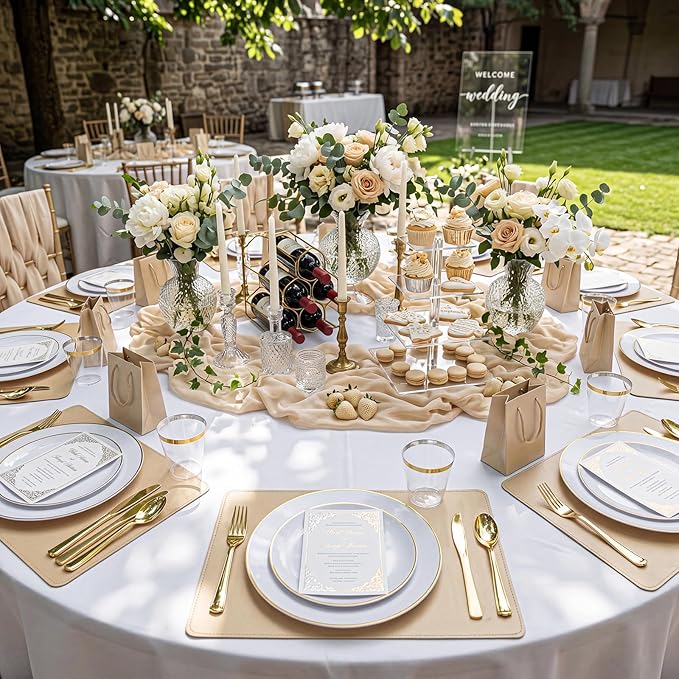 KIRE 200PCS Gold Plastic Plates - Disposable Plates for Party - White Plastic Plates with Gold Rim Include 100 for Dinner and 100 for Dessert/Salad in Wedding/Party/Spring/Graduation