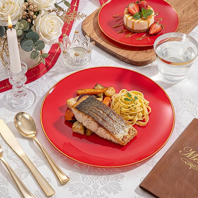 WDF 300Pcs Red Disposable Plates - Red Plastic Plates - 50guest Disposable Dinnerware Include 50 Dinner Plate, 50 Dessert Plate, 150 Cutlery & 50 9oz Cups for Wedding/Birthday/Party