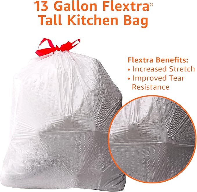 Amazon Basics 13 Gallon Tall Kitchen Drawstring Trash Bags, Flextra Strength, Tear Resistant, 10% Post Consumer Recycled, 50 Count, White