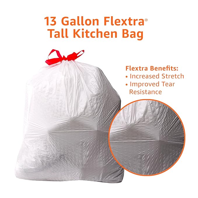 Amazon Basics Flextra Strength Tall Kitchen Drawstring Trash Bags, Fresh Scent, Tear Resistant, 13 Gallon, 50 Count