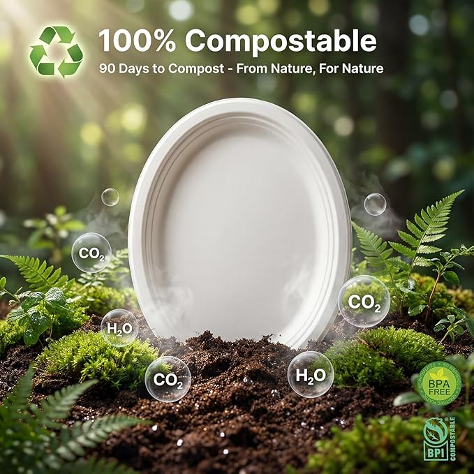 Tinybee 100% Compostable Oval Paper Plates 12 Inch [50-Pack] Heavy Duty Large Paper Plates, Biodegradable Bagasse Platters, Eco-Friendly Dinner Plate for BBQ/Picnic/Party (BPI Certified,Microwaveable)