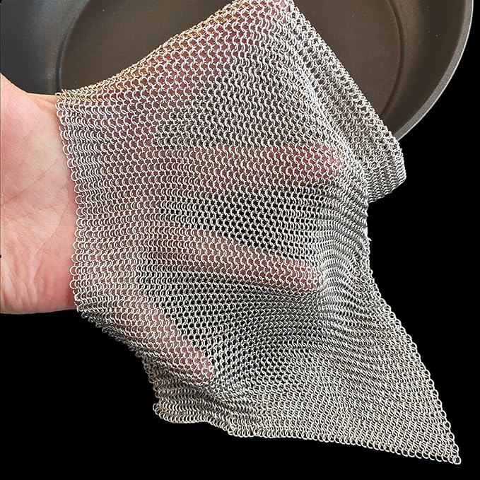 Cast Iron Cleaner and Chainmail Skillet Scrubber - 10''x10'' Upgraded 3.8mm Small Ring, 316L Stainless Steel Fine Rings - Durable Scraper for Skillets, Pans, Griddles & Containers
