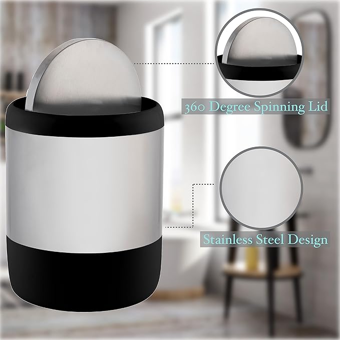 Bath Bliss Smooth Matte Stainless Waste Bin and Toilet Brush | Dimensions: 7.9" x 7.9" x 9.8"- Wastebasket | Dimensions: 4.7"x 4.7"x 16.5"- Toilet Brush| Bathroom Accessories | Black