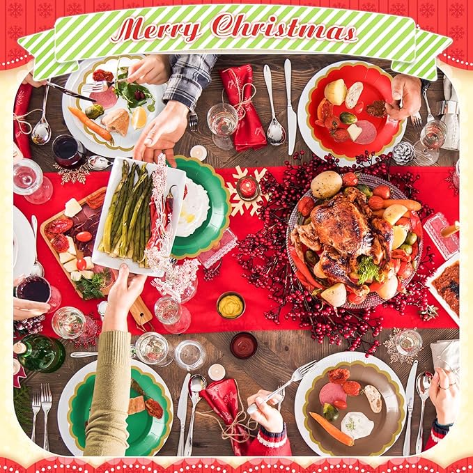 96 Pcs Christmas Paper Plates 7 Inch Red Green White Dessert Scalloped Edge Disposable Dinner Plates for Fall Halloween Wedding Birthday Baby Shower Party Supply