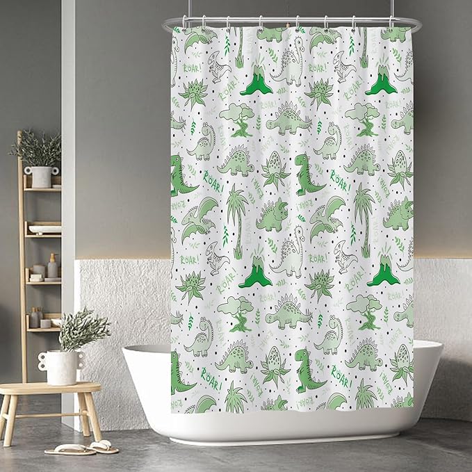 Baocicoo Cute Cartoon Dinosaur Shower Curtain Sets Green Animals Plants Bath Curtain for Boys Girls Bathroom Decorations Polyester Fabric Waterproof Curtains for Bathroom with Hooks 48x72 Inches