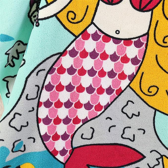 TONWHAR Soft Cotton Hooded Beach Towel Poncho for Kids Bath Pool Beach Swim Boys Girls Cartoon Cover-up Cape (Mermaid)