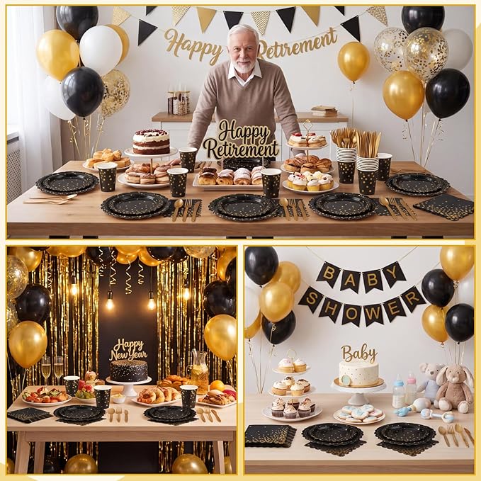 175 Pcs Black and Gold Plates and Napkins, Disposable Black Gold Dinnerware Include Scalloped Party Plates Napkin Cups Plastic Cutlery for Men Birthday Graduation Retirement Congratulations