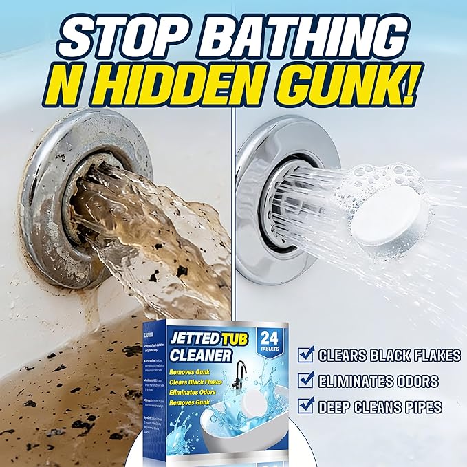 Jetted Tub Cleaner Tablets (24 Count) - Effective Whirlpool & Hot Tub System Flush - Eliminates Soap Scum, Gunk, and Stubborn Black Flakes - Heavy Duty Formula for Clean & Odor-Free Pipes