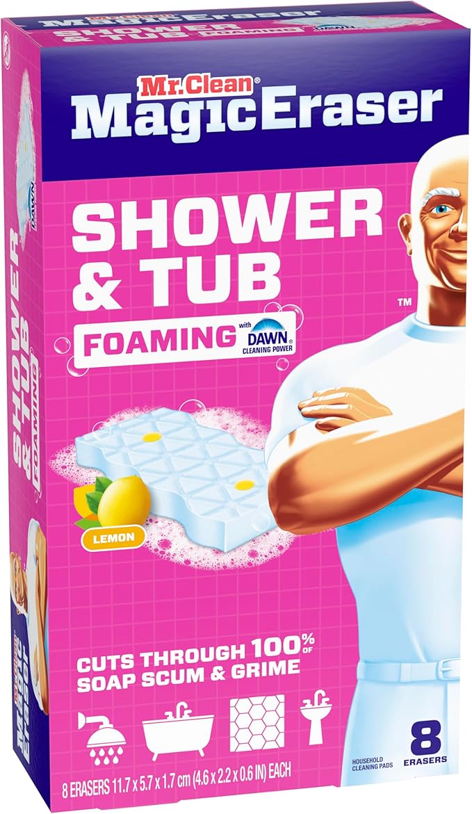 Mr. Clean Magic Eraser Sponge, Bathroom, Shower, Tub Cleaner, Soap Scum Remover, Bathroom Cleaning Supplies, Dawn Cleaning Power with Lemon Scent, Shower & Tub, 8ct (Pack of 4)