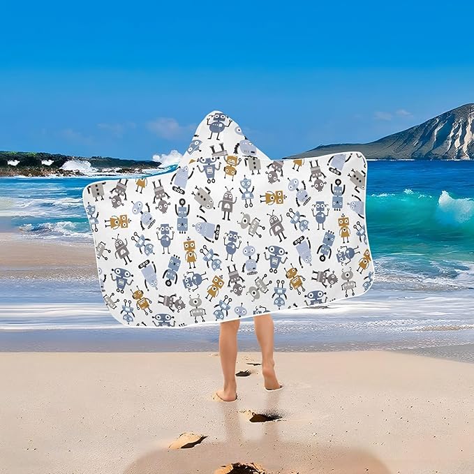 susiyo Kids Hooded Bath Towel Different Robots Beach Towel for Kids 23.5 x 50 Inch Microfiber Soft Absorbent Quick Dry Bath Swim Pool Towel Wrap Poncho Bathrobe with Hood for Kids Toddler