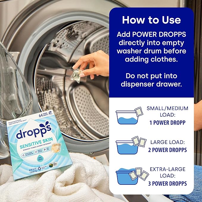 Dropps Sensitive Skin Laundry Detergent Pods, Crisp Breeze (160 Count) - Hypoallergenic & Dermatologist Tested | Dye Free | Laundry Pods for Sensitive Skin | Clean Ingredients | Plastic Free Packaging
