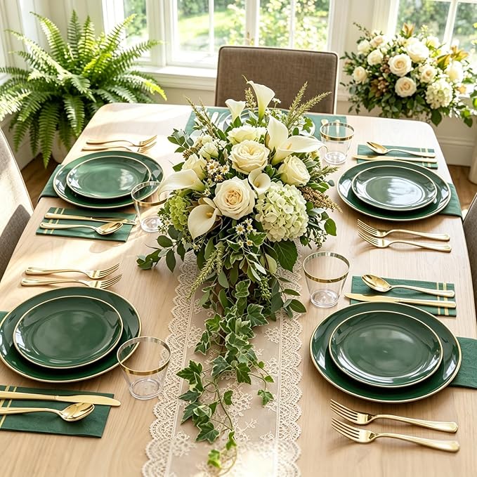 NOCCUR 350PCS Green Plastic Plates - Disposable Green Gold Dinnerware Set for 50 Guests, 100 Dinner/Dessert Plates, 150 Gold Silverware, 50 Cups&50 Napkins for Party ＆ Wedding ＆ Spring