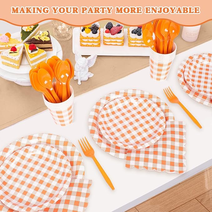 Vyntra Checkered Gingham Paper Plates and Napkins Set for 50" 9" Dinner Plates & 7" Dessert Plate, Birthday Party (Orange Gingham, 175 Pcs)