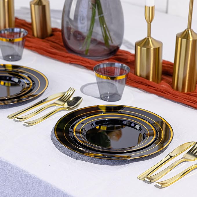 N9R 600PCS Black and Gold Plastic Dinnerware Set, Disposable Plastic Plates Includes 100 Dinner Plates, Dessert Plate, Cups, Spoons, Forks, Knives for 100 Guests, Perfect for Party, Wedding, Birthday