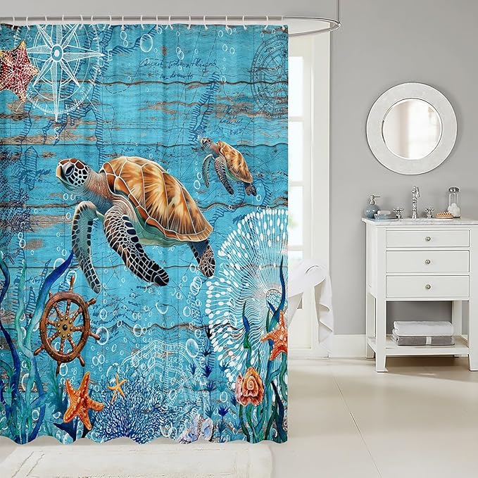Homewish Sea Turtle Shower Curtain Navigation Route Bathroom Shower Curtain Set for Kids Adult Starfish Coral Bath Curtain Compass Rudder Waterproof Curtains Room Decor 72 x 72 Inch