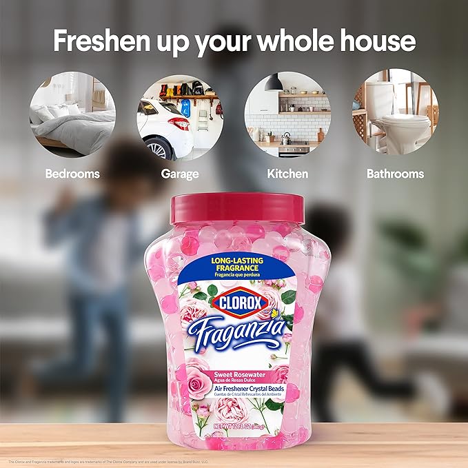 Clorox Fraganzia Crystal Beads Air Freshener, Long Lasting Room Deodorizer and Odor Eliminator Gel Beads to Freshen Home, Car, or Office, Sweet Rosewater Scent, 12 Fl Oz
