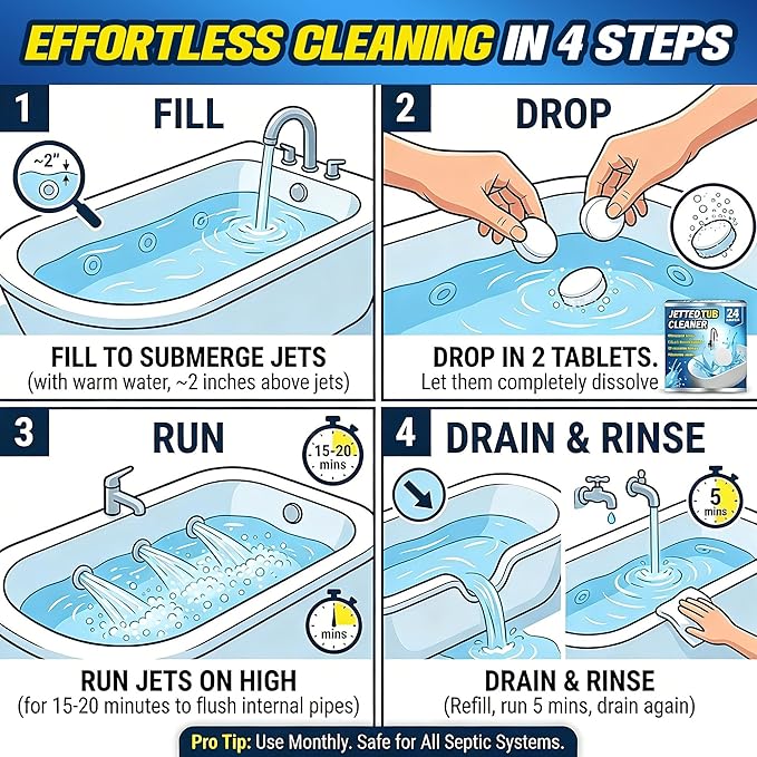 Jetted Tub Cleaner Tablets (24 Count) - Effective Whirlpool & Hot Tub System Flush - Eliminates Soap Scum, Gunk, and Stubborn Black Flakes - Heavy Duty Formula for Clean & Odor-Free Pipes