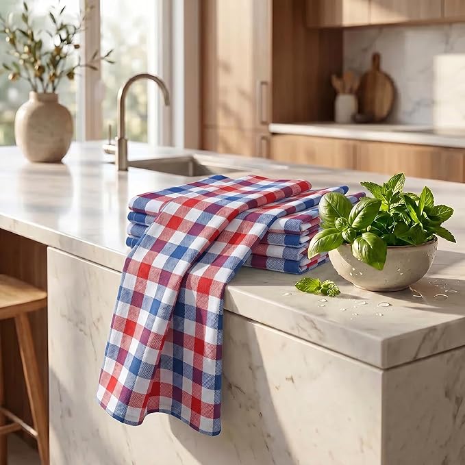 Urban Villa July 4th KitchenTowels Red/Blue/White DishTowels 100% Cotton (Set of 6) 20X30 Inches Buffalo Checks Highly Absorbent Soft Durable Reusable & Washable Kitchen Towels