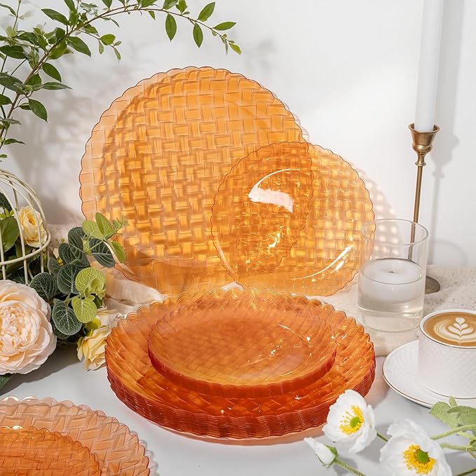 Festiva 60PCS Clear Orange Plastic Plates - Heavy Duty Weave Pattern Fancy Disposable Plates -serve for 30 guests Include 30PCS 10" & 30PCS 7" Plates for Birthday & Easter Party(Orange)