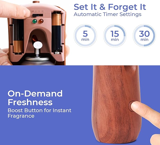 Automatic Air Freshener Spray Dispenser: Automatic Spray Dispenser with Elegant Wood Design for Commercial or Home Use (1-Pack), Battery Powered Free Standing or Wall Air freshener, Three Time Release