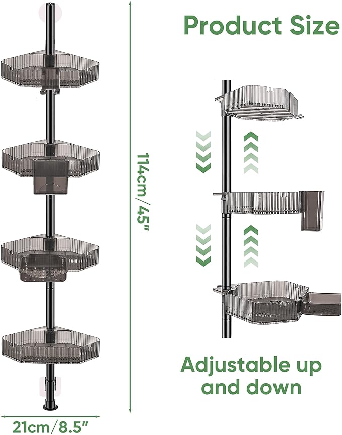 4 Tier Corner Shower Caddy with Modular Poles ABS Basket & Carbon Steel Shower Organizer Adjustable Tension Rod Screw Free Shower Caddy Wall Mounted Rack Shelves Storage Bathroom Accessories