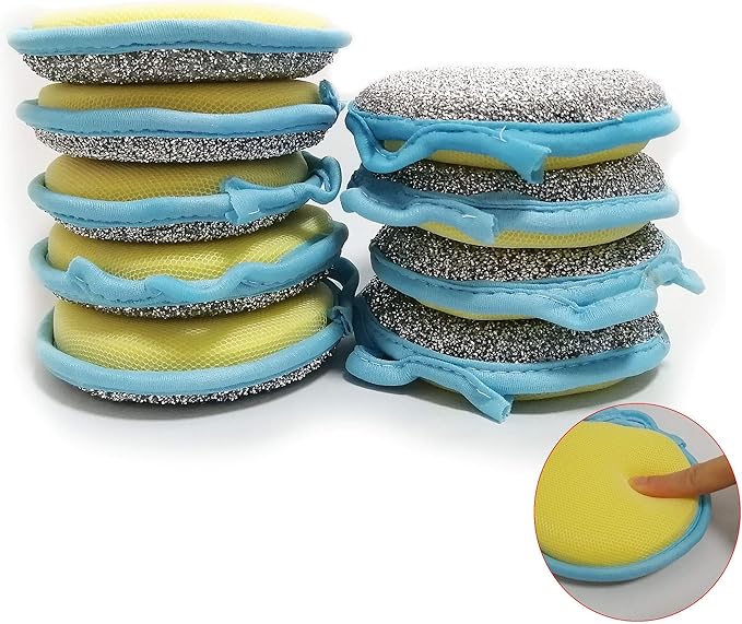 Dual Action Kitchen Cleaning Microfiber Scouring Scrubber, Round Dish Washing Sponge, 10 Pack (Blue)